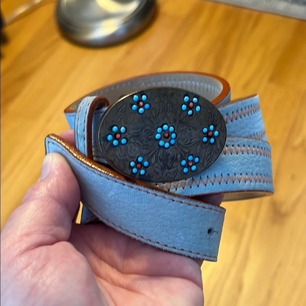 Streets ahead belt blue/green leather trimmed with orange stitching 10630
